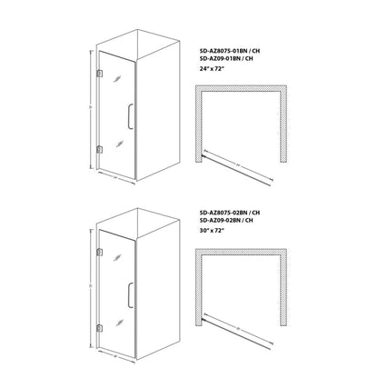 ANZZI Fellow Series 24" x 72" Frameless Rectangular Brushed Nickel Hinged Shower Door With Handle and Tsunami Guard