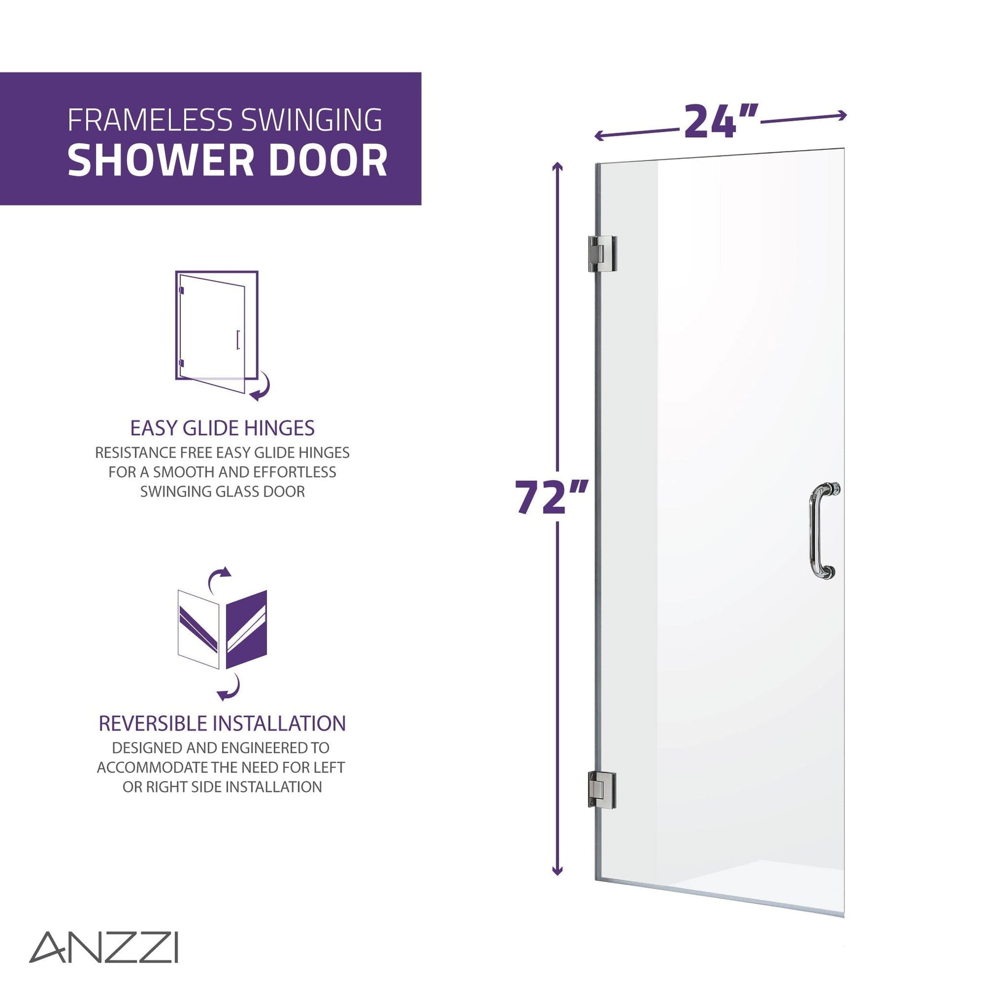 ANZZI Fellow Series 24" x 72" Frameless Rectangular Brushed Nickel Hinged Shower Door With Handle and Tsunami Guard