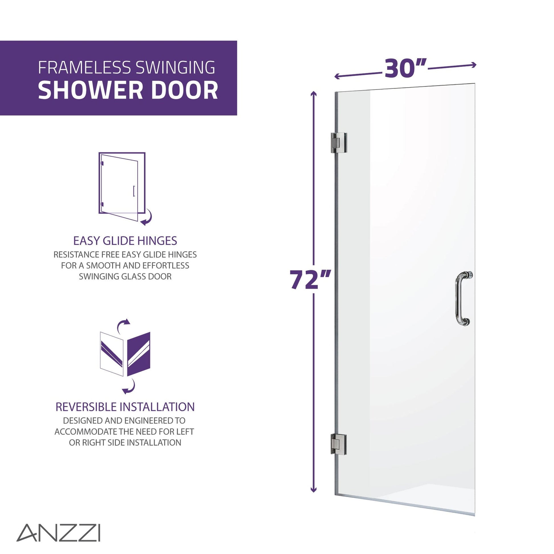 ANZZI Fellow Series 30" x 72" Frameless Rectangular Polished Chrome Hinged Shower Door With Handle and Tsunami Guard