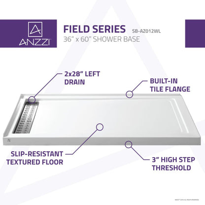 ANZZI Field Series 36" x 60" Left Drain Double Threshold White Shower Base With Built-in Tile Flange