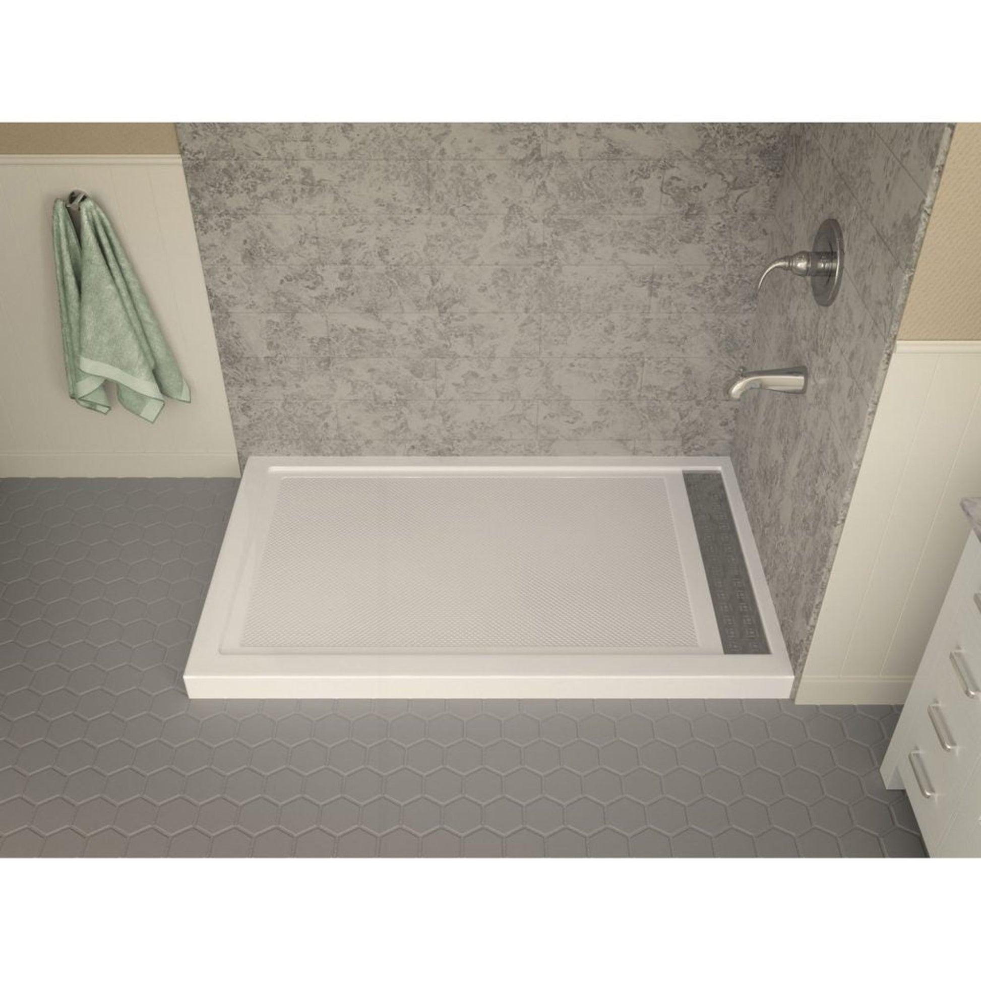 ANZZI Field Series 36" x 60" Right Drain Double Threshold White Shower Base With Built-in Tile Flange