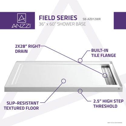 ANZZI Field Series 36" x 60" Right Drain Double Threshold White Shower Base With Built-in Tile Flange