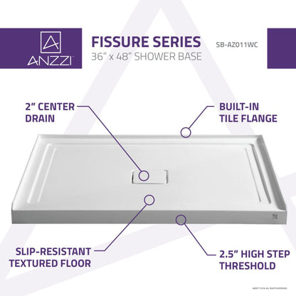 ANZZI Fissure Series 48" x 36" Center Drain With Cover Single Threshold White Shower Base With Built-in Tile Flange