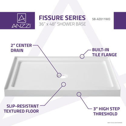 ANZZI Fissure Series 48" x 36" Center Side Drain Without Cover Single Threshold White Shower Base With Built-in Tile Flange