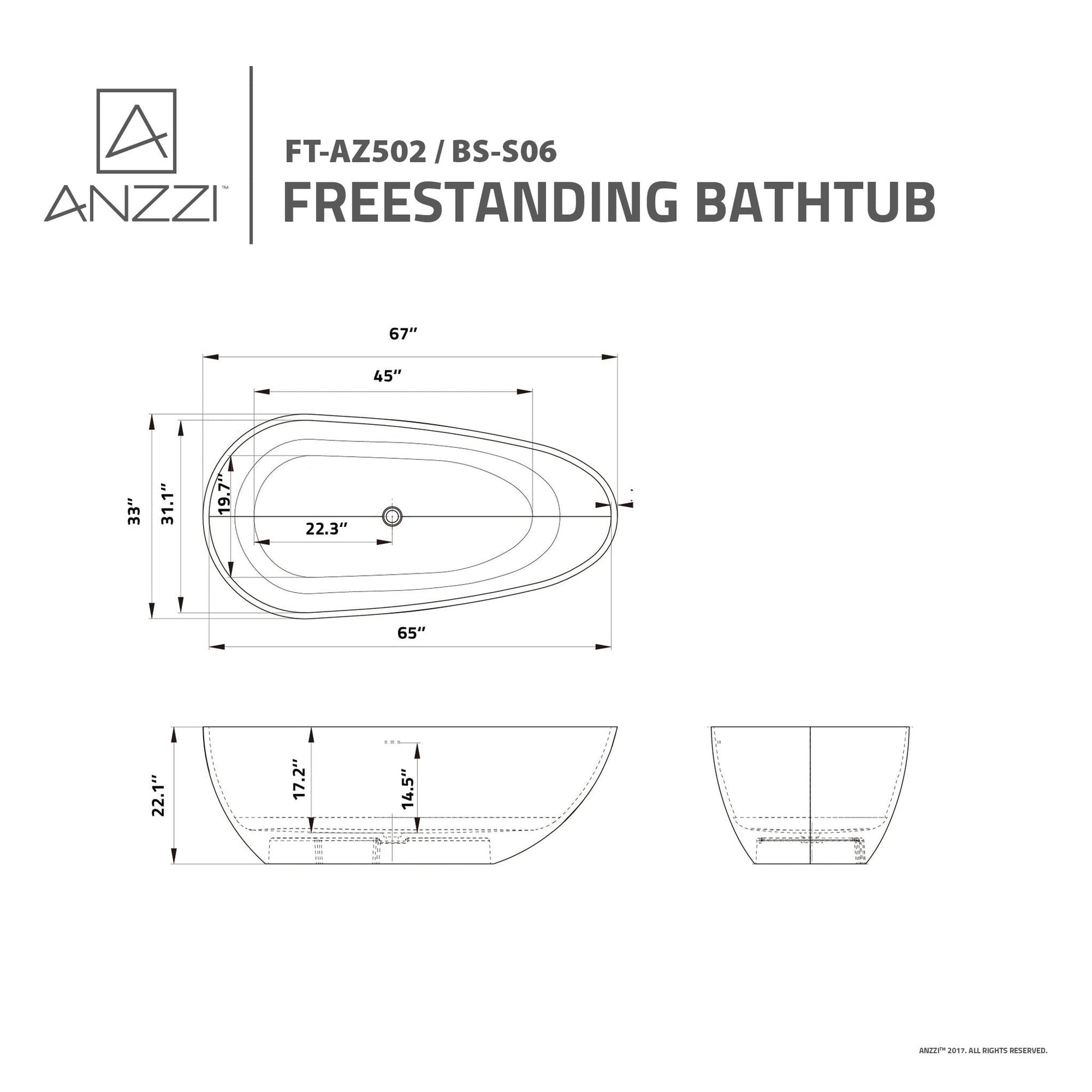 ANZZI Fiume Series 67" x 34" Matte White Freestanding Bathtub With Built-In Overflow