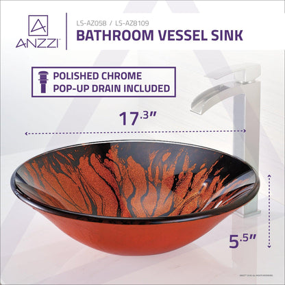 ANZZI Forte Series 17" x 17" Round Lustrous Red & Black Deco-Glass Vessel Sink With Polished Chrome Pop-Up Drain