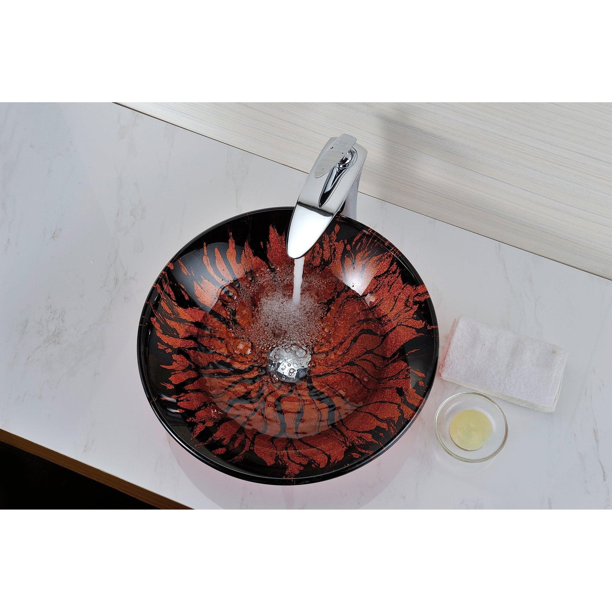 ANZZI Forte Series 17" x 17" Round Lustrous Red & Black Deco-Glass Vessel Sink With Polished Chrome Pop-Up Drain