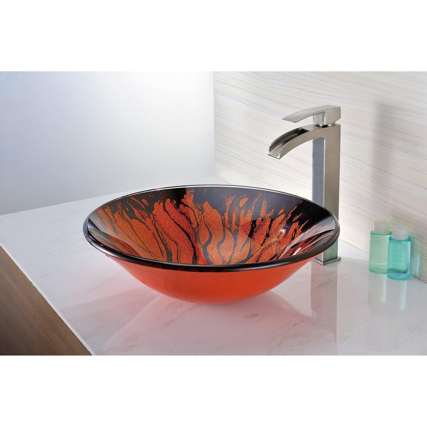 ANZZI Forte Series 17" x 17" Round Lustrous Red & Black Deco-Glass Vessel Sink With Polished Chrome Pop-Up Drain