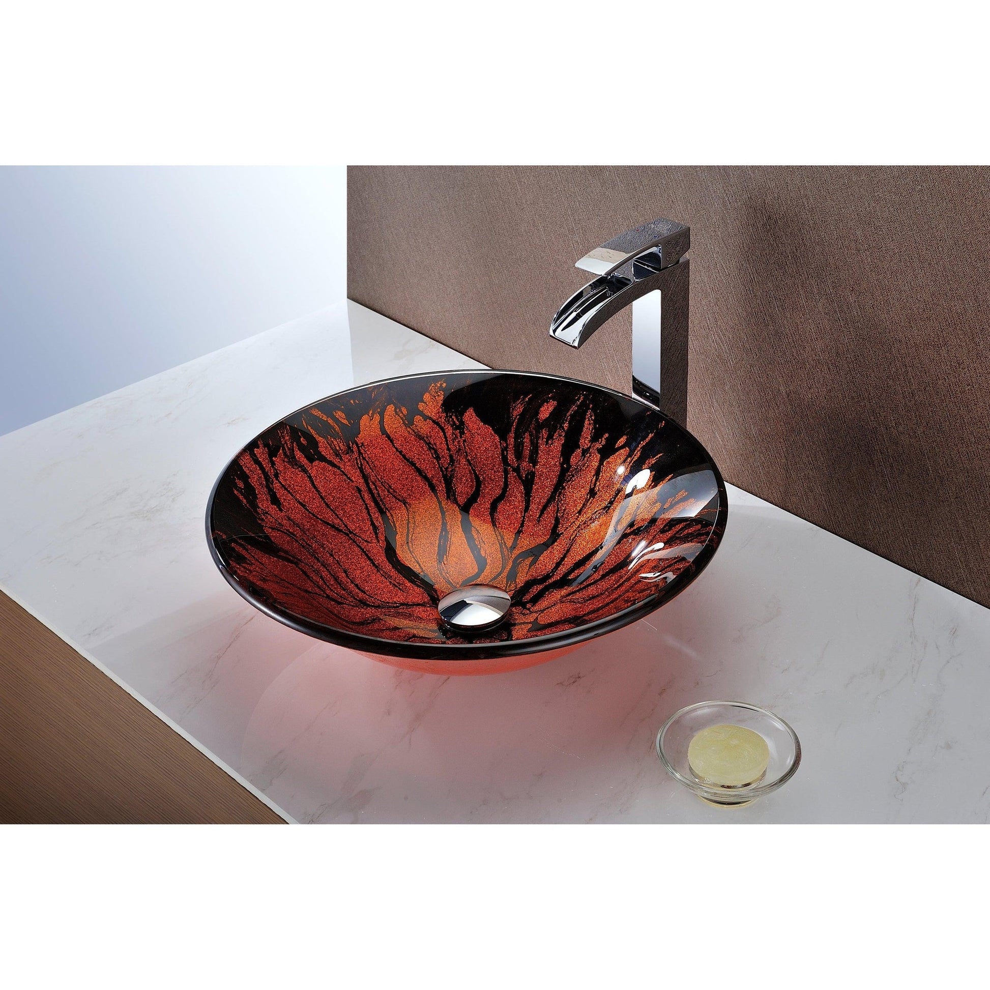 ANZZI Forte Series 17" x 17" Round Lustrous Red & Black Deco-Glass Vessel Sink With Polished Chrome Pop-Up Drain