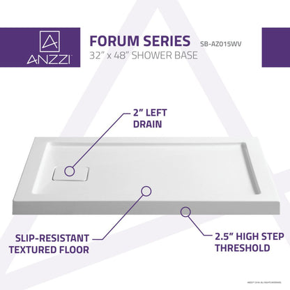 ANZZI Forum Series 48" x 32" Left Drain With Cover Single Threshold White Shower Base