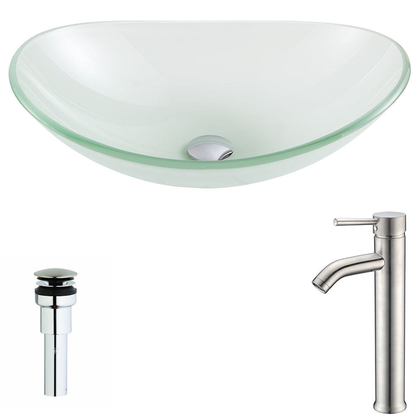 ANZZI Forza Series 15" x 15" Oval Shape Lustrous Frosted Deco-Glass Vessel Sink With Polished Chrome Pop-Up Drain and Brushed Nickel Fann Faucet