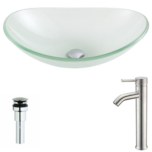 ANZZI Forza Series 15" x 15" Oval Shape Lustrous Frosted Deco-Glass Vessel Sink With Polished Chrome Pop-Up Drain and Brushed Nickel Fann Faucet