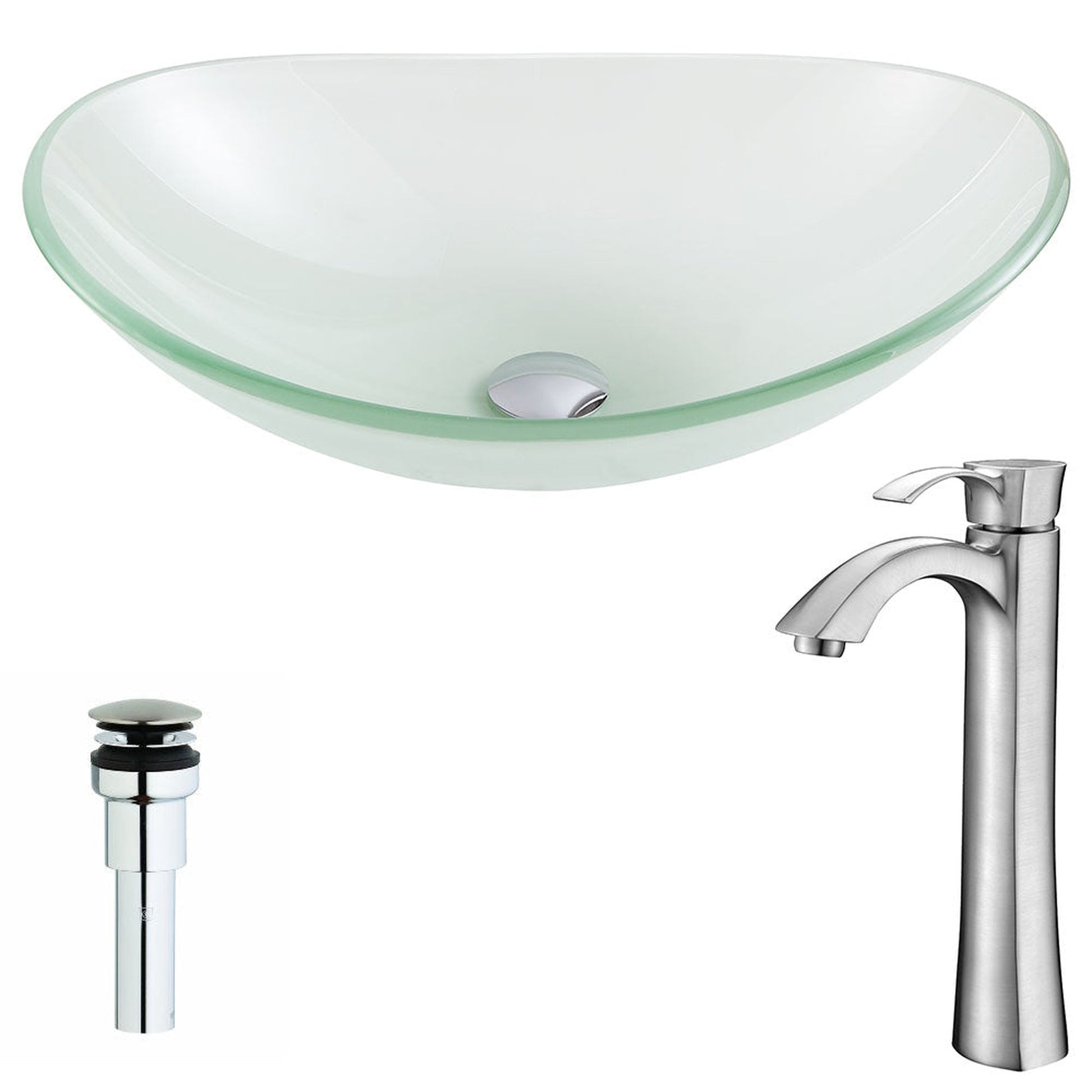ANZZI Forza Series 15" x 15" Oval Shape Lustrous Frosted Deco-Glass Vessel Sink With Polished Chrome Pop-Up Drain and Brushed Nickel Harmony Faucet
