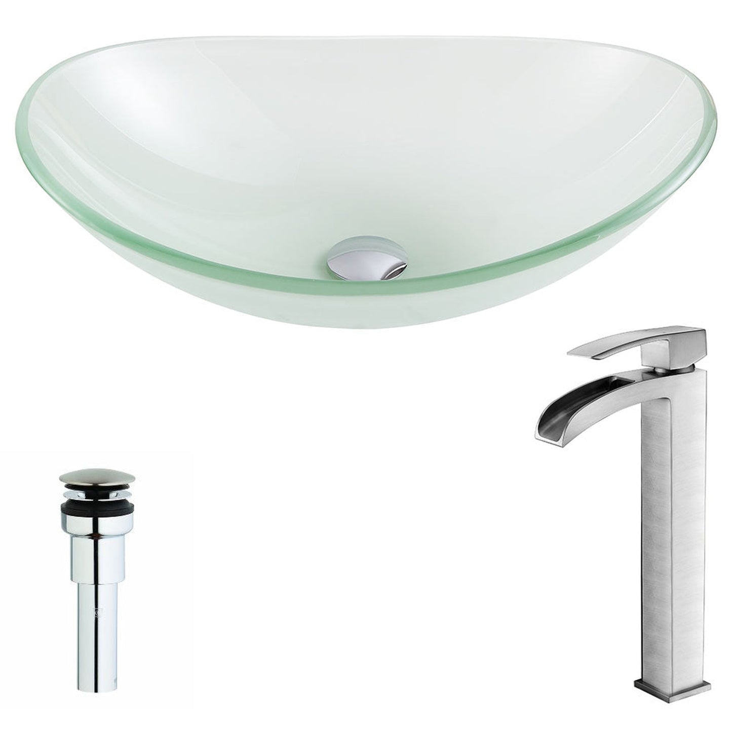 ANZZI Forza Series 15" x 15" Oval Shape Lustrous Frosted Deco-Glass Vessel Sink With Polished Chrome Pop-Up Drain and Brushed Nickel Key Faucet