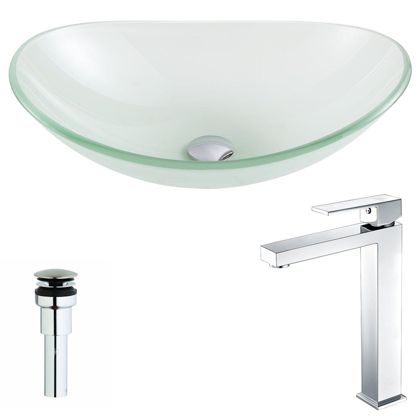 ANZZI Forza Series 15" x 15" Oval Shape Lustrous Frosted Deco-Glass Vessel Sink With Polished Chrome Pop-Up Drain and Enti Faucet