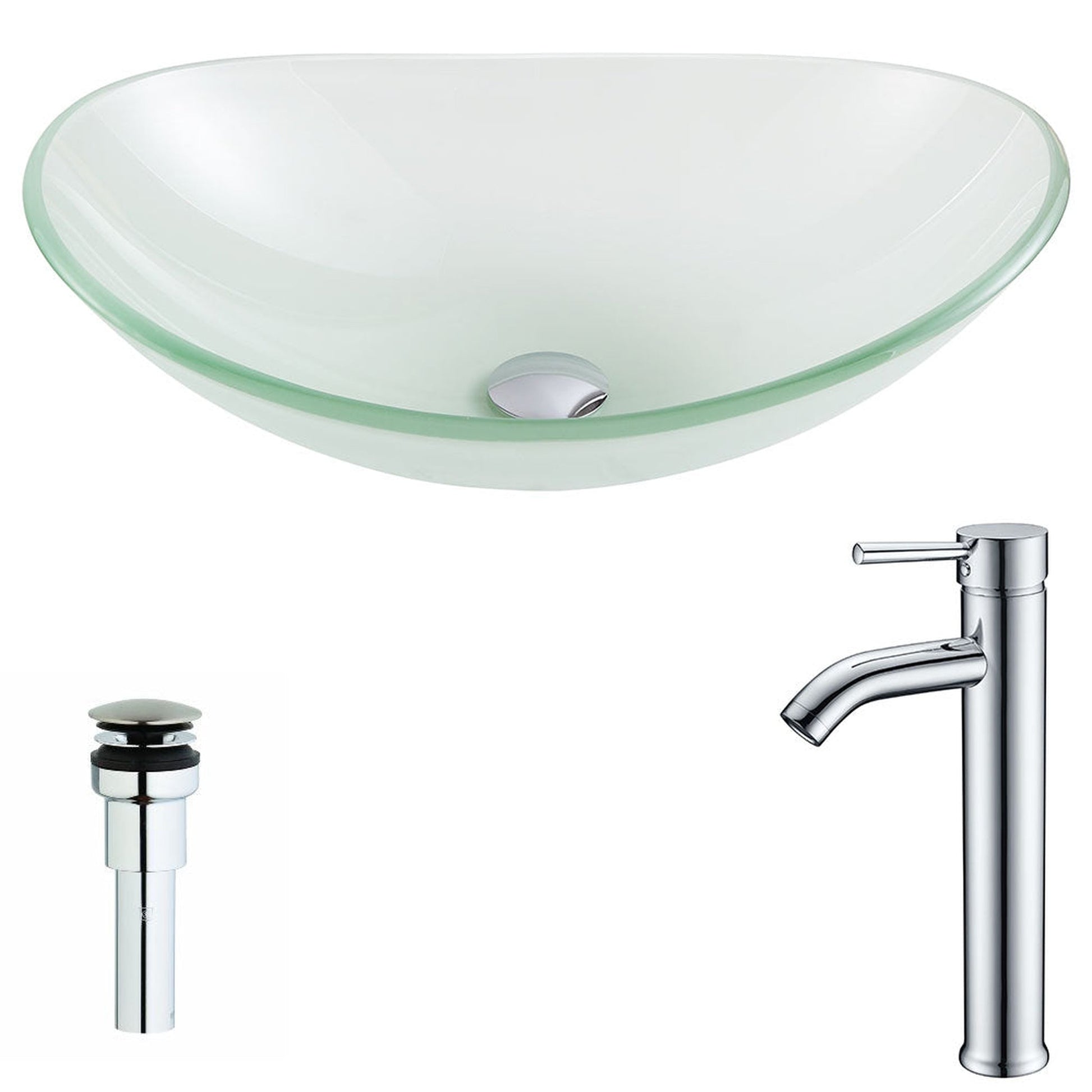 ANZZI Forza Series 15" x 15" Oval Shape Lustrous Frosted Deco-Glass Vessel Sink With Polished Chrome Pop-Up Drain and Fann Faucet