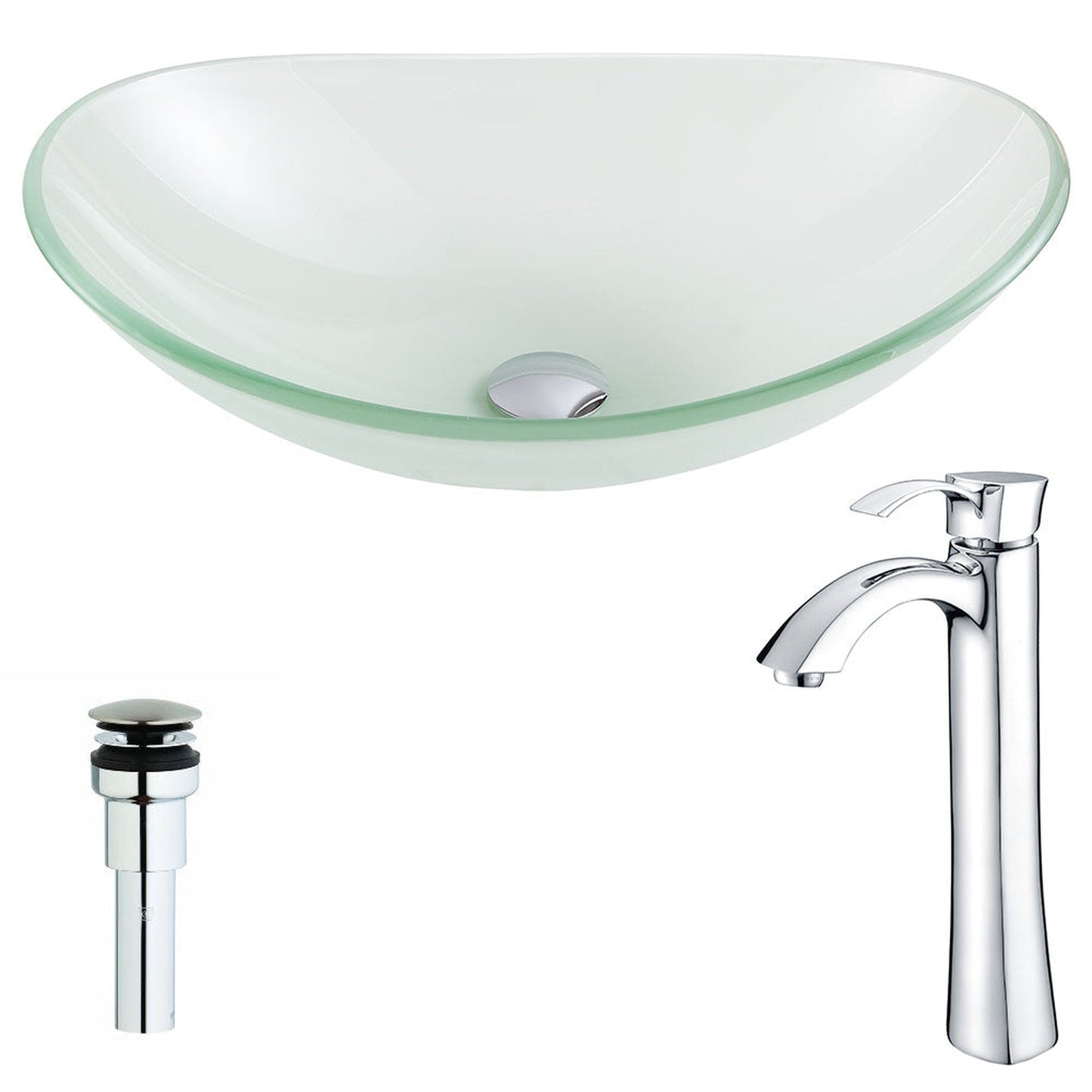 ANZZI Forza Series 15" x 15" Oval Shape Lustrous Frosted Deco-Glass Vessel Sink With Polished Chrome Pop-Up Drain and Harmony Faucet
