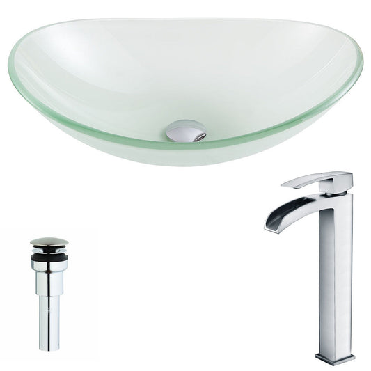 ANZZI Forza Series 15" x 15" Oval Shape Lustrous Frosted Deco-Glass Vessel Sink With Polished Chrome Pop-Up Drain and Key Faucet