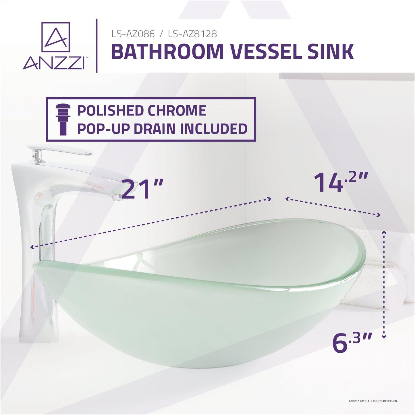 ANZZI Forza Series 21" x 15" Oval Shape Lustrous Frosted Deco-Glass Vessel Sink With Polished Chrome Pop-Up Drain