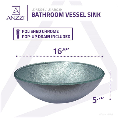 ANZZI Gardena Series 17" x 17" Glacial Silver Deco-Glass Vessel Sink With Polished Chrome Pop-Up Drain