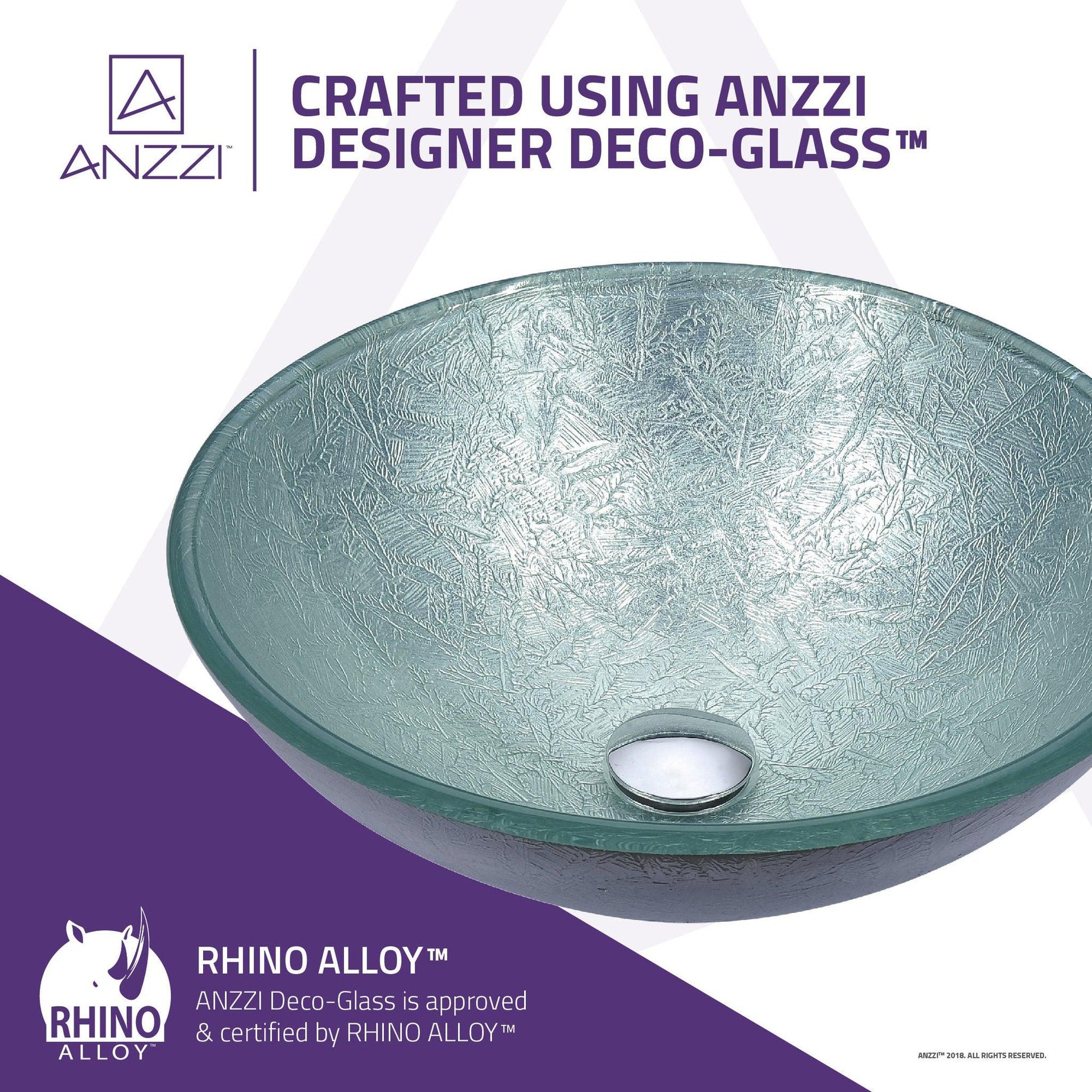 ANZZI Gardena Series 17" x 17" Glacial Silver Deco-Glass Vessel Sink With Polished Chrome Pop-Up Drain