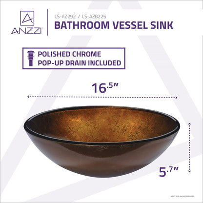 ANZZI Gardena Series 17" x 17" Round Amber Gold Deco-Glass Vessel Sink With Polished Chrome Pop-Up Drain