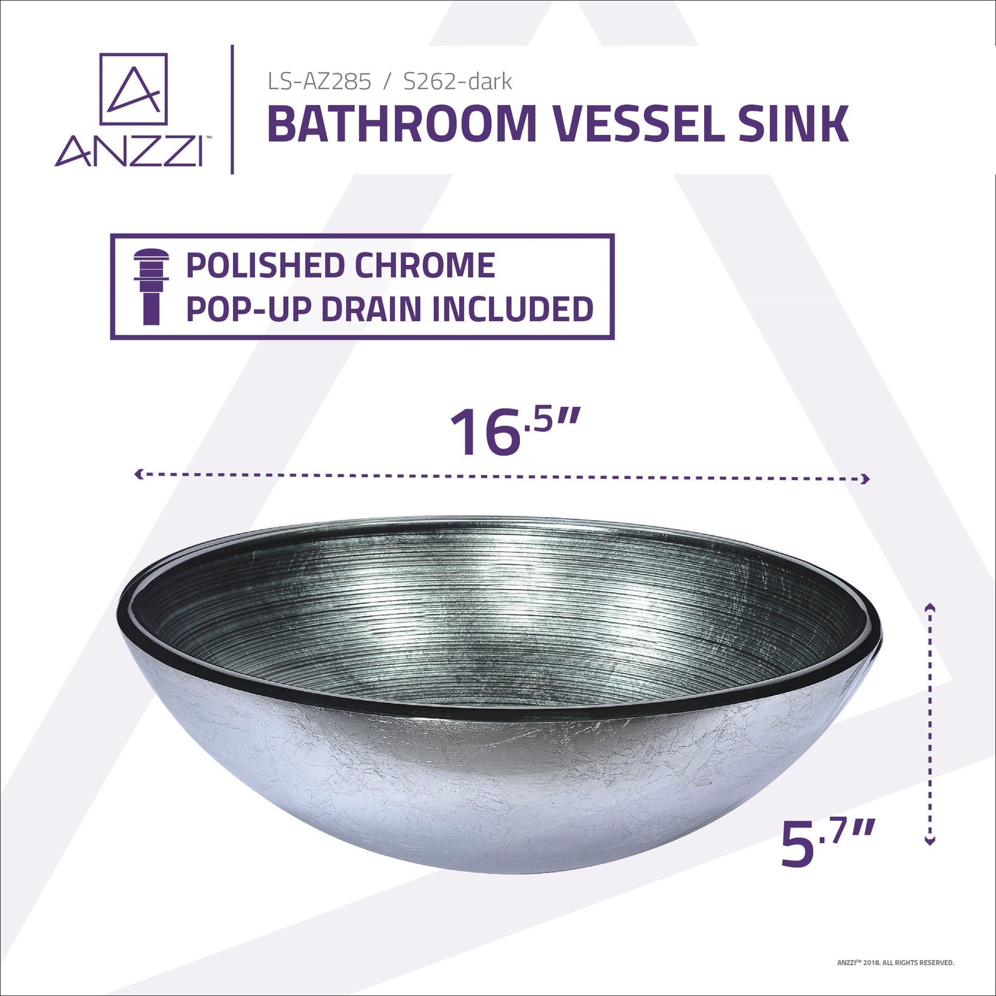 ANZZI Gardena Series 17" x 17" Round Brushed Silver Deco-Glass Vessel Sink With Polished Chrome Pop-Up Drain