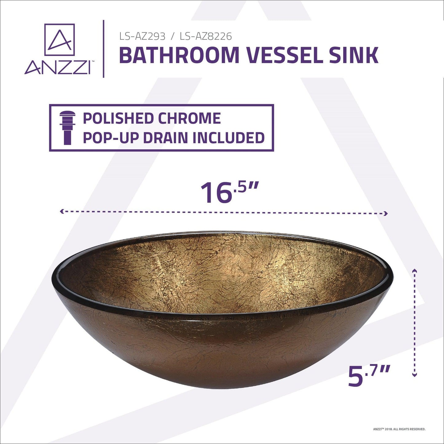 ANZZI Gardena Series 17" x 17" Round Celestial Earth Deco-Glass Vessel Sink With Polished Chrome Pop-Up Drain