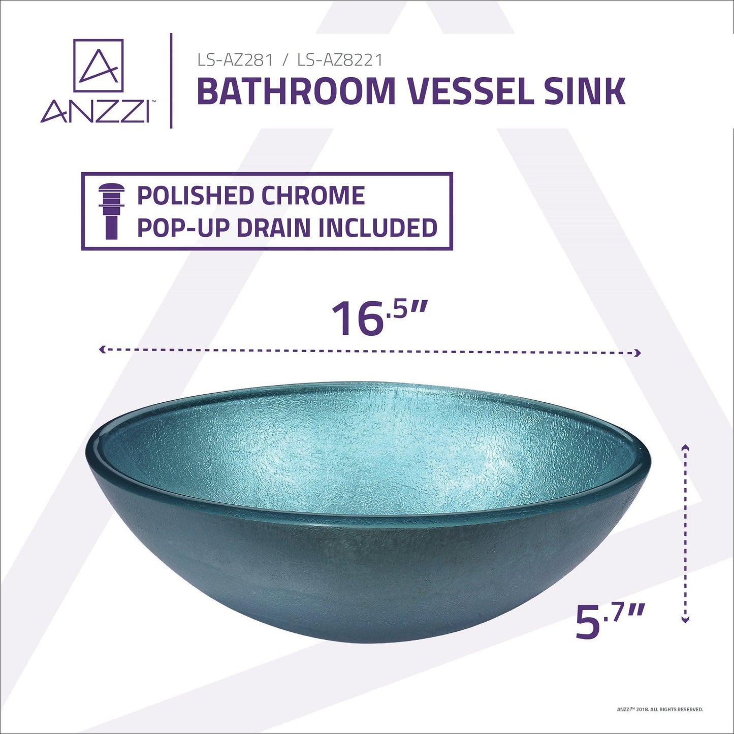 ANZZI Gardena Series 17" x 17" Round Coral Blue Deco-Glass Vessel Sink With Polished Chrome Pop-Up Drain
