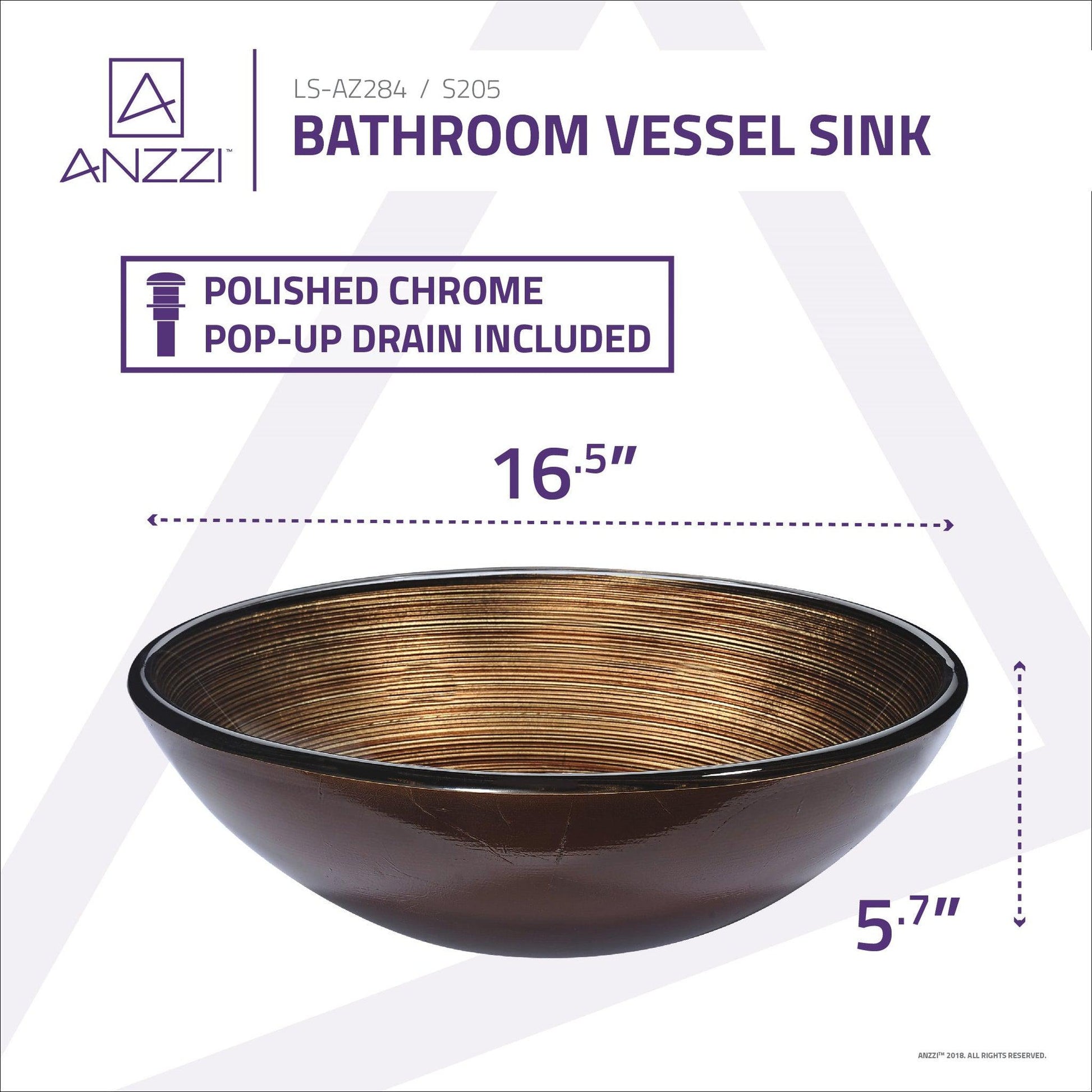 ANZZI Gardena Series 17" x 17" Round Radial Umber Deco-Glass Vessel Sink With Polished Chrome Pop-Up Drain