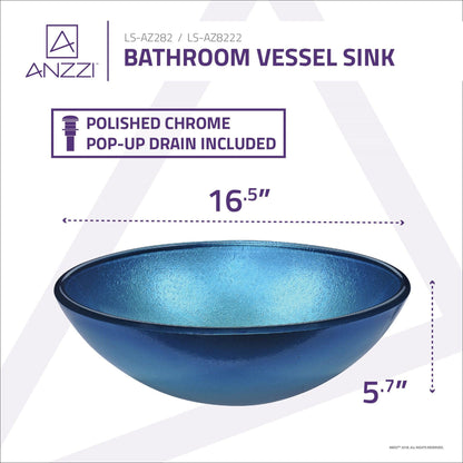 ANZZI Gardena Series 17" x 17" Round Silver Blue Deco-Glass Vessel Sink With Polished Chrome Pop-Up Drain