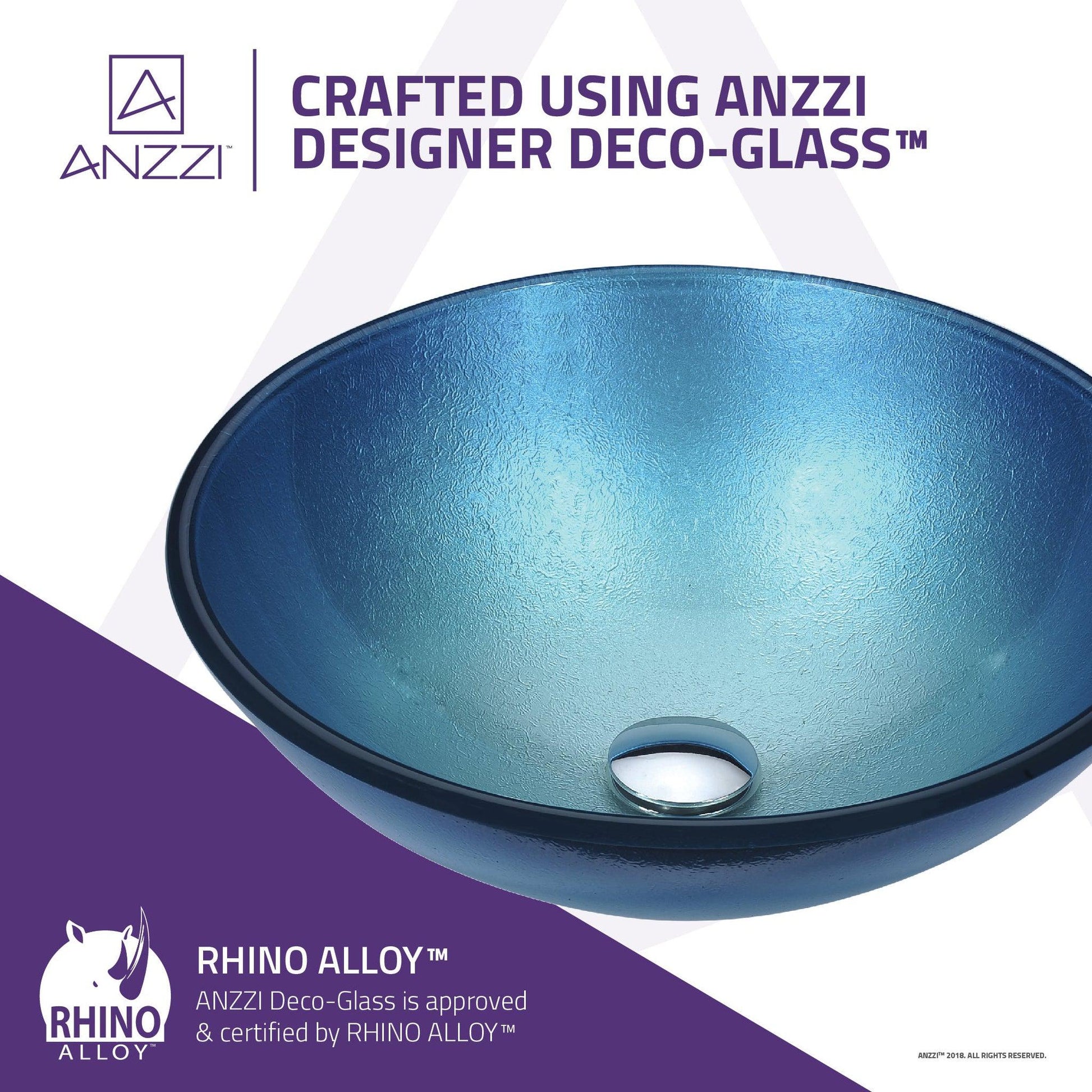 ANZZI Gardena Series 17" x 17" Round Silver Blue Deco-Glass Vessel Sink With Polished Chrome Pop-Up Drain