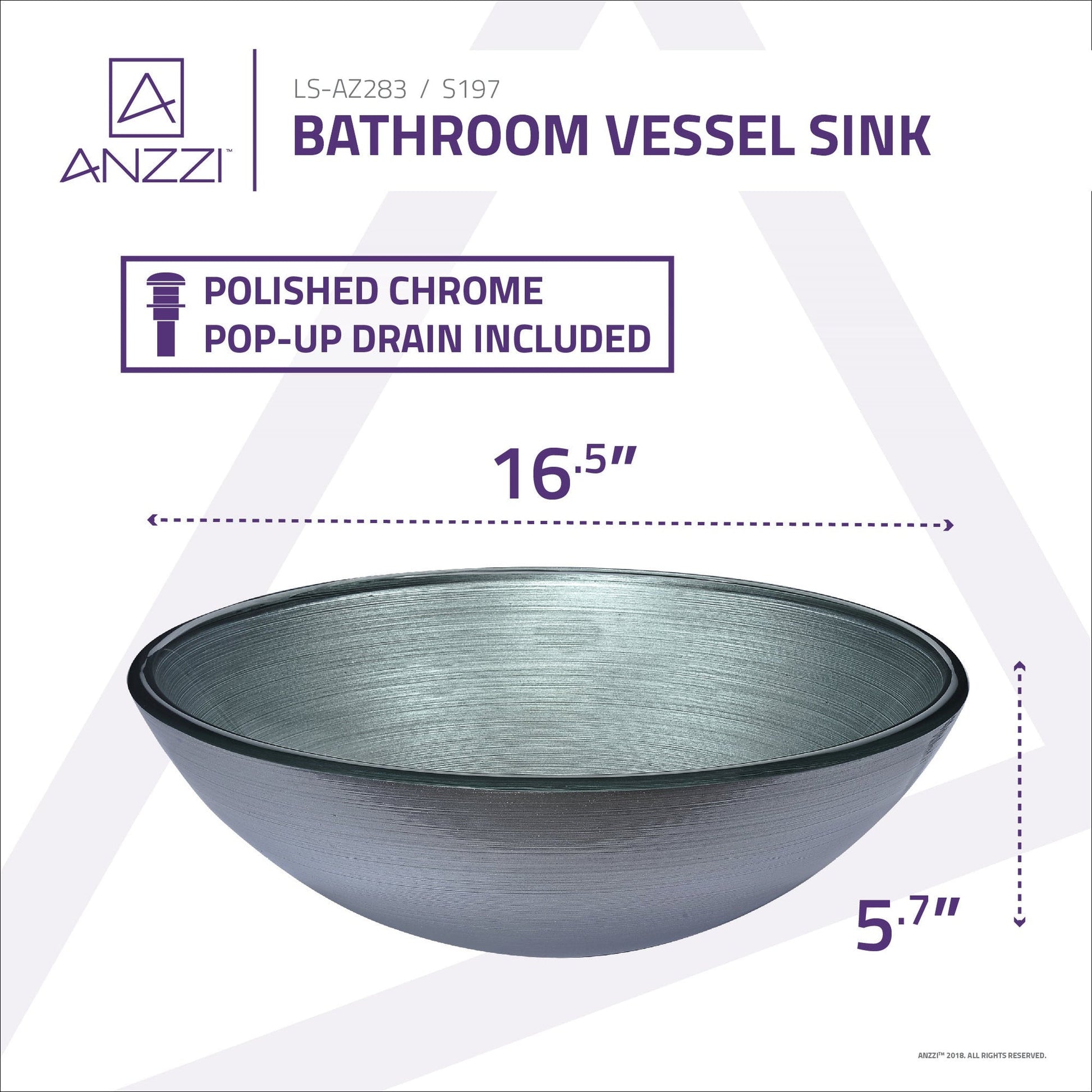 ANZZI Gardena Series 17" x 17" Round Silver Deco-Glass Vessel Sink With Polished Chrome Pop-Up Drain