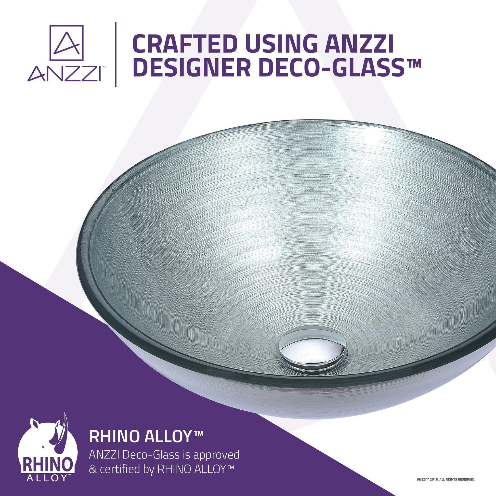 ANZZI Gardena Series 17" x 17" Round Silver Deco-Glass Vessel Sink With Polished Chrome Pop-Up Drain