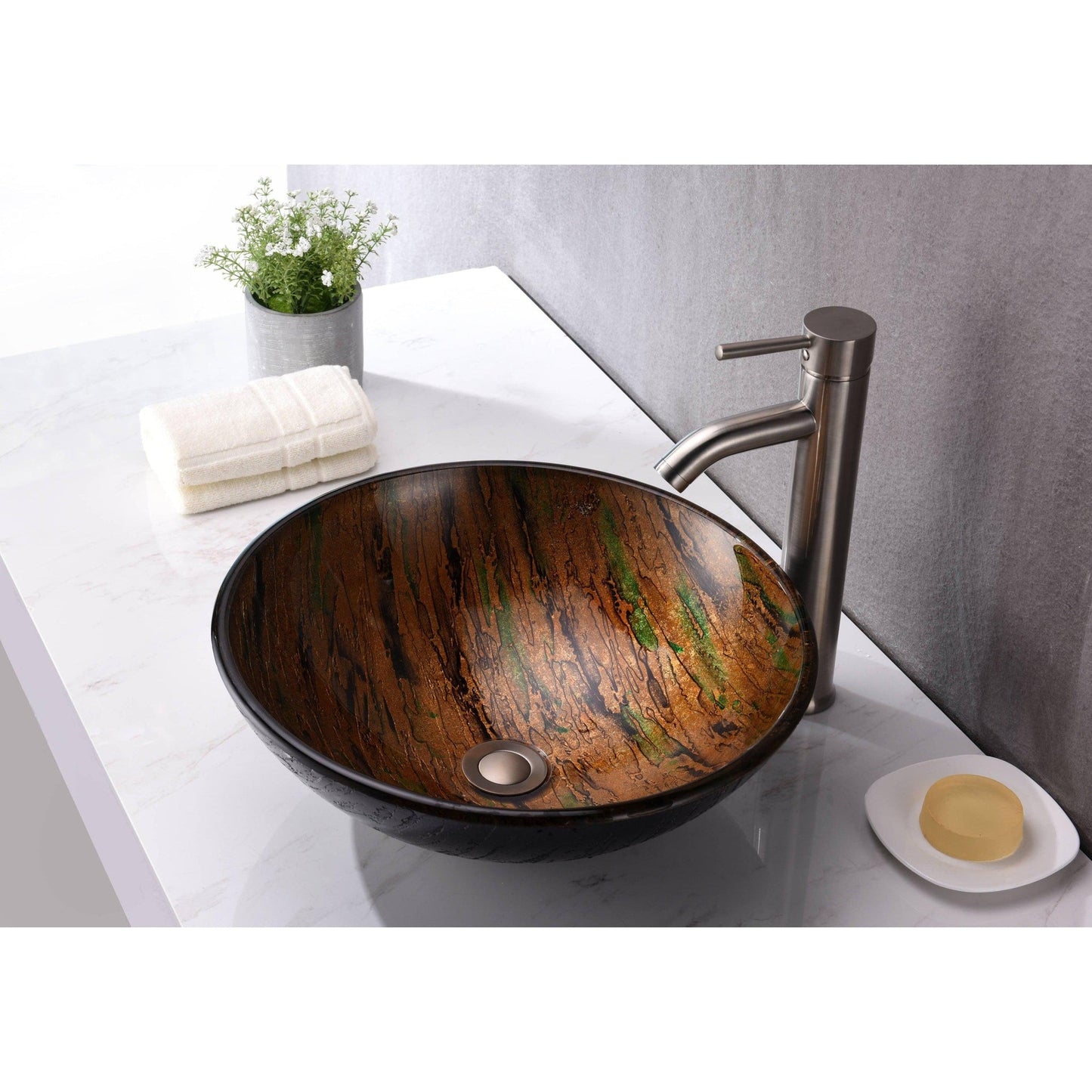 ANZZI Gwazeni Series 17" x 17" Round Shifting Earth Finish Deco-Glass Vessel Sink With Polished Chrome Pop-Up Drain