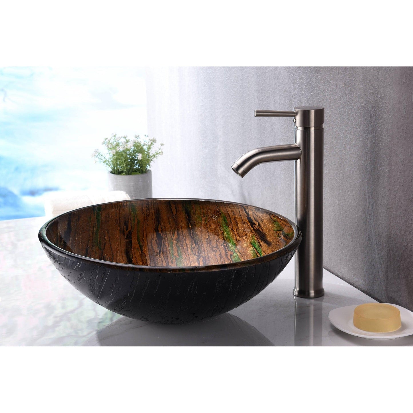 ANZZI Gwazeni Series 17" x 17" Round Shifting Earth Finish Deco-Glass Vessel Sink With Polished Chrome Pop-Up Drain