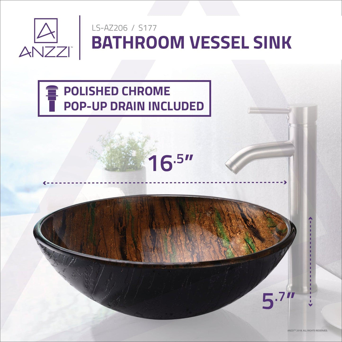 ANZZI Gwazeni Series 17" x 17" Round Shifting Earth Finish Deco-Glass Vessel Sink With Polished Chrome Pop-Up Drain