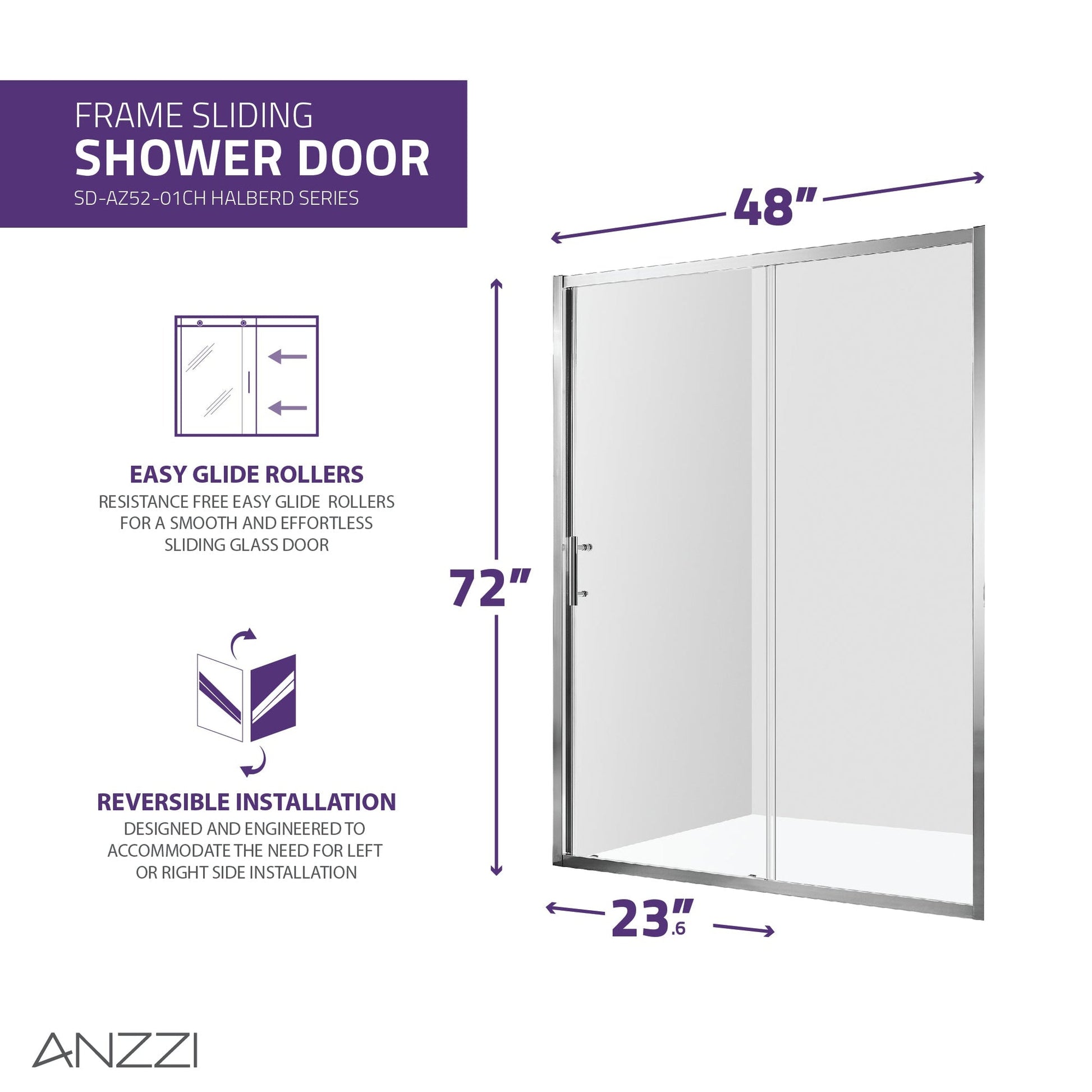 ANZZI Halberd Series 48" x 72" Framed Rectangular Polished Chrome Sliding Shower Door With Handle and Tsunami Guard