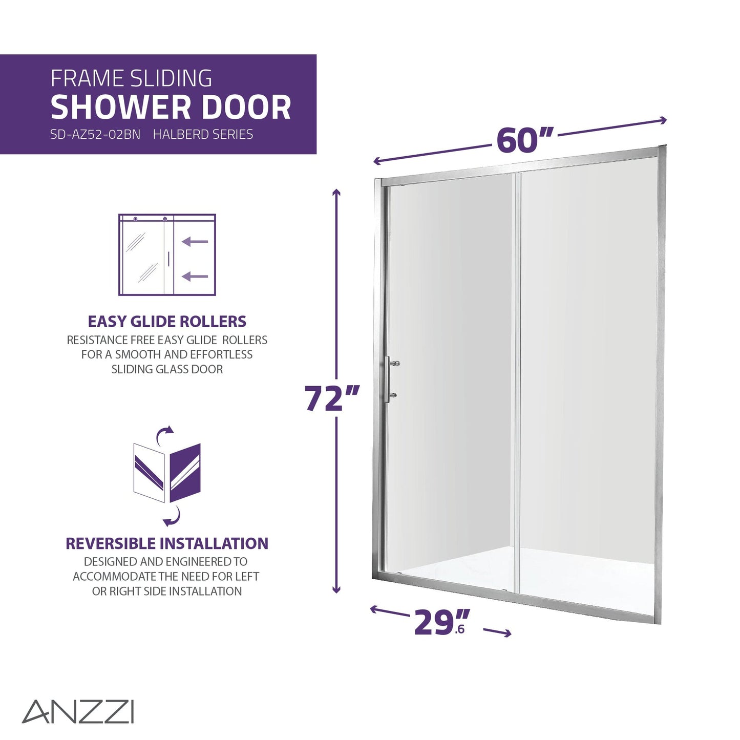 ANZZI Halberd Series 60" x 72" Framed Rectangular Brushed Nickel Sliding Shower Door With Handle and Tsunami Guard