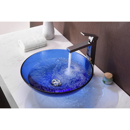 ANZZI Halo Series 17" x 17" Round Blue Deco-Glass Vessel Sink With Polished Chrome Pop-Up Drain