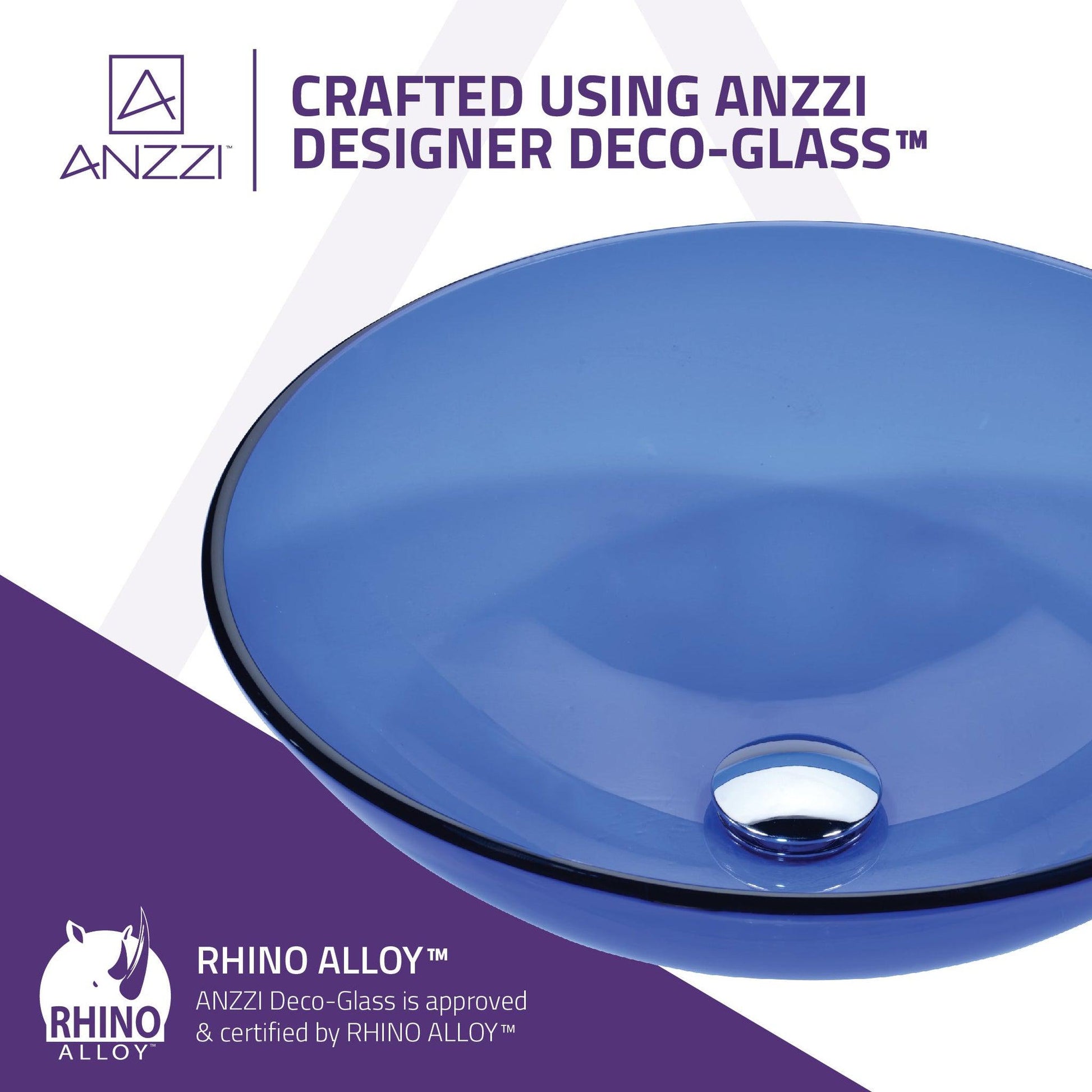 ANZZI Halo Series 17" x 17" Round Blue Deco-Glass Vessel Sink With Polished Chrome Pop-Up Drain