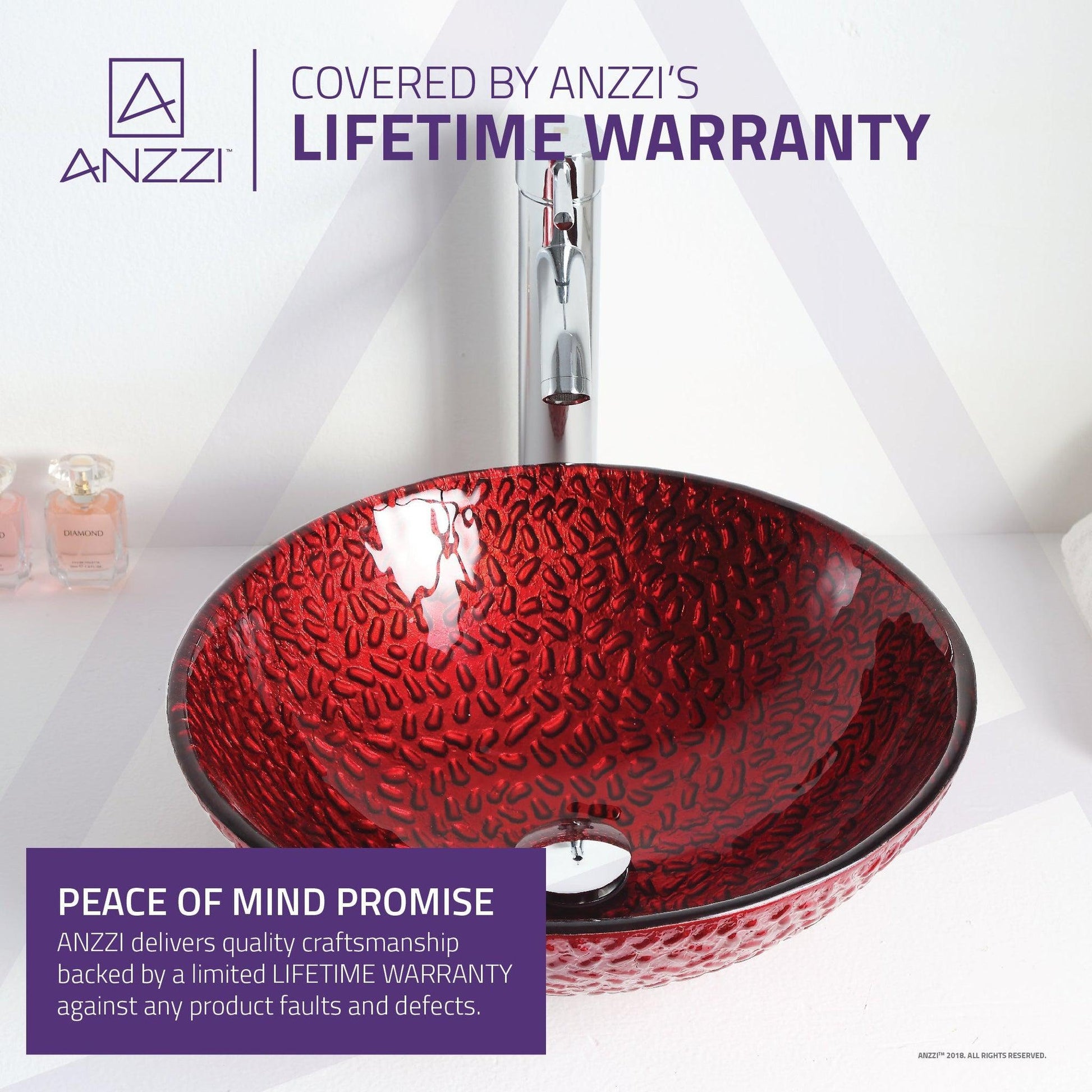 ANZZI Hollywood Series 17" x 17" Round Lustrous Red Deco-Glass Vessel Sink With Polished Chrome Pop-Up Drain