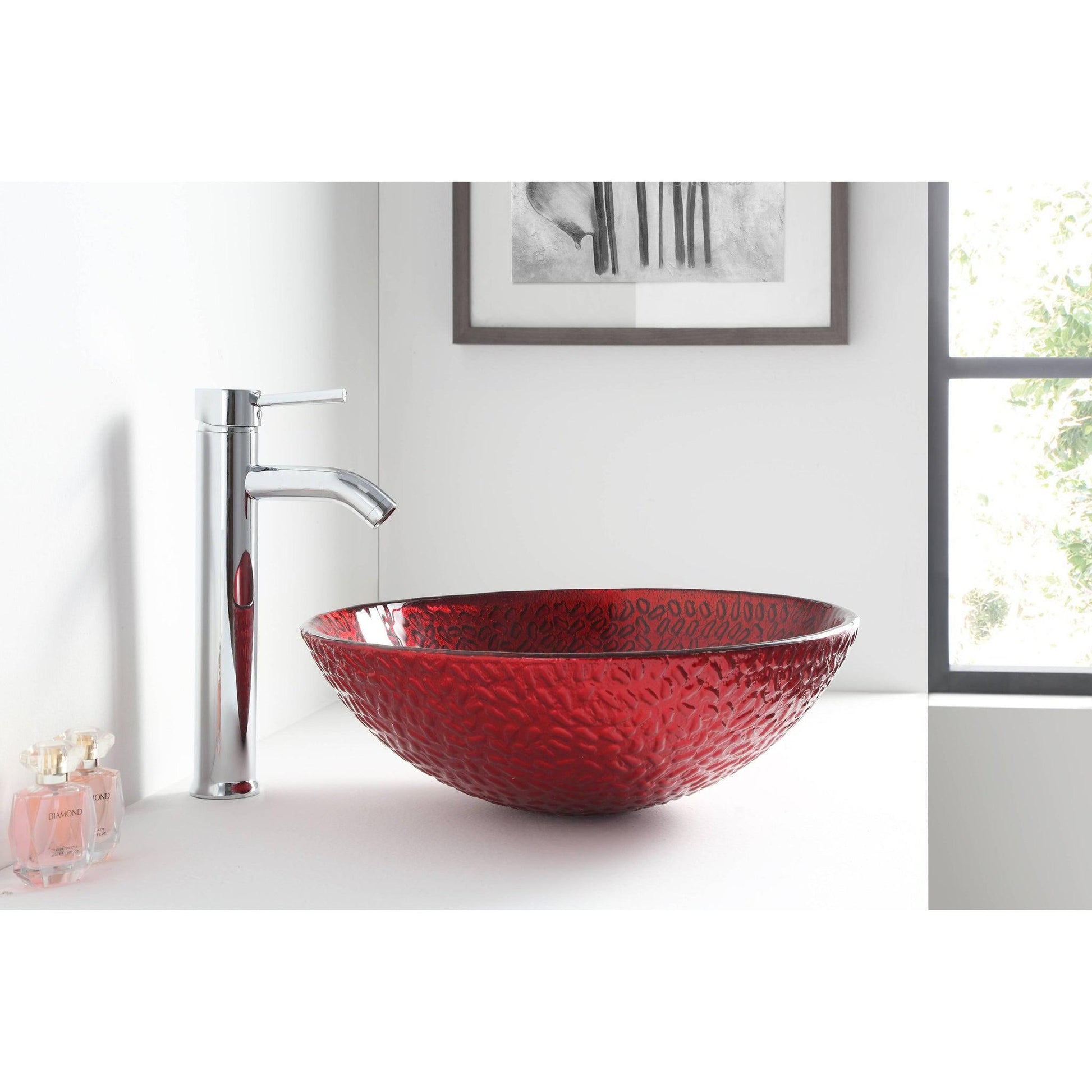 ANZZI Hollywood Series 17" x 17" Round Lustrous Red Deco-Glass Vessel Sink With Polished Chrome Pop-Up Drain