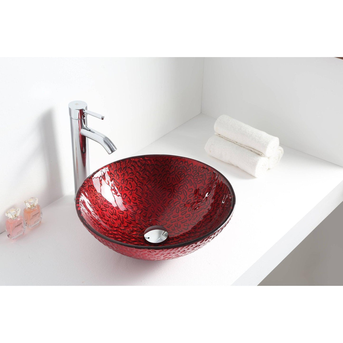 ANZZI Hollywood Series 17" x 17" Round Lustrous Red Deco-Glass Vessel Sink With Polished Chrome Pop-Up Drain