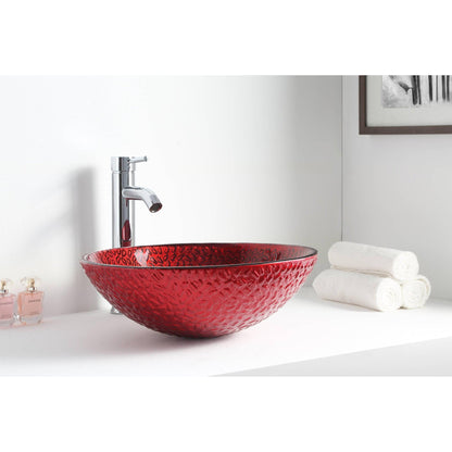 ANZZI Hollywood Series 17" x 17" Round Lustrous Red Deco-Glass Vessel Sink With Polished Chrome Pop-Up Drain