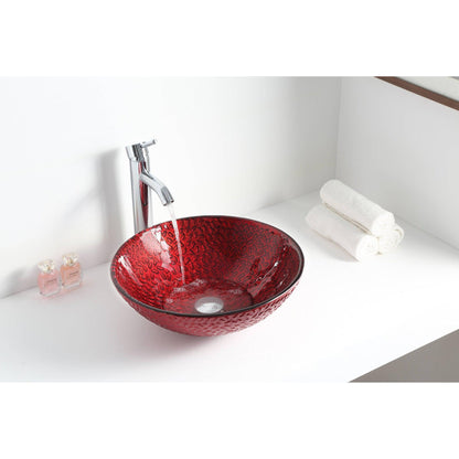 ANZZI Hollywood Series 17" x 17" Round Lustrous Red Deco-Glass Vessel Sink With Polished Chrome Pop-Up Drain