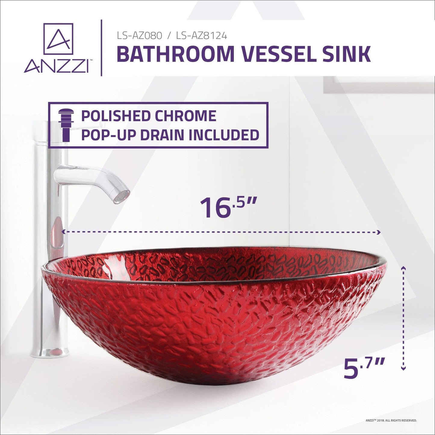 ANZZI Hollywood Series 17" x 17" Round Lustrous Red Deco-Glass Vessel Sink With Polished Chrome Pop-Up Drain