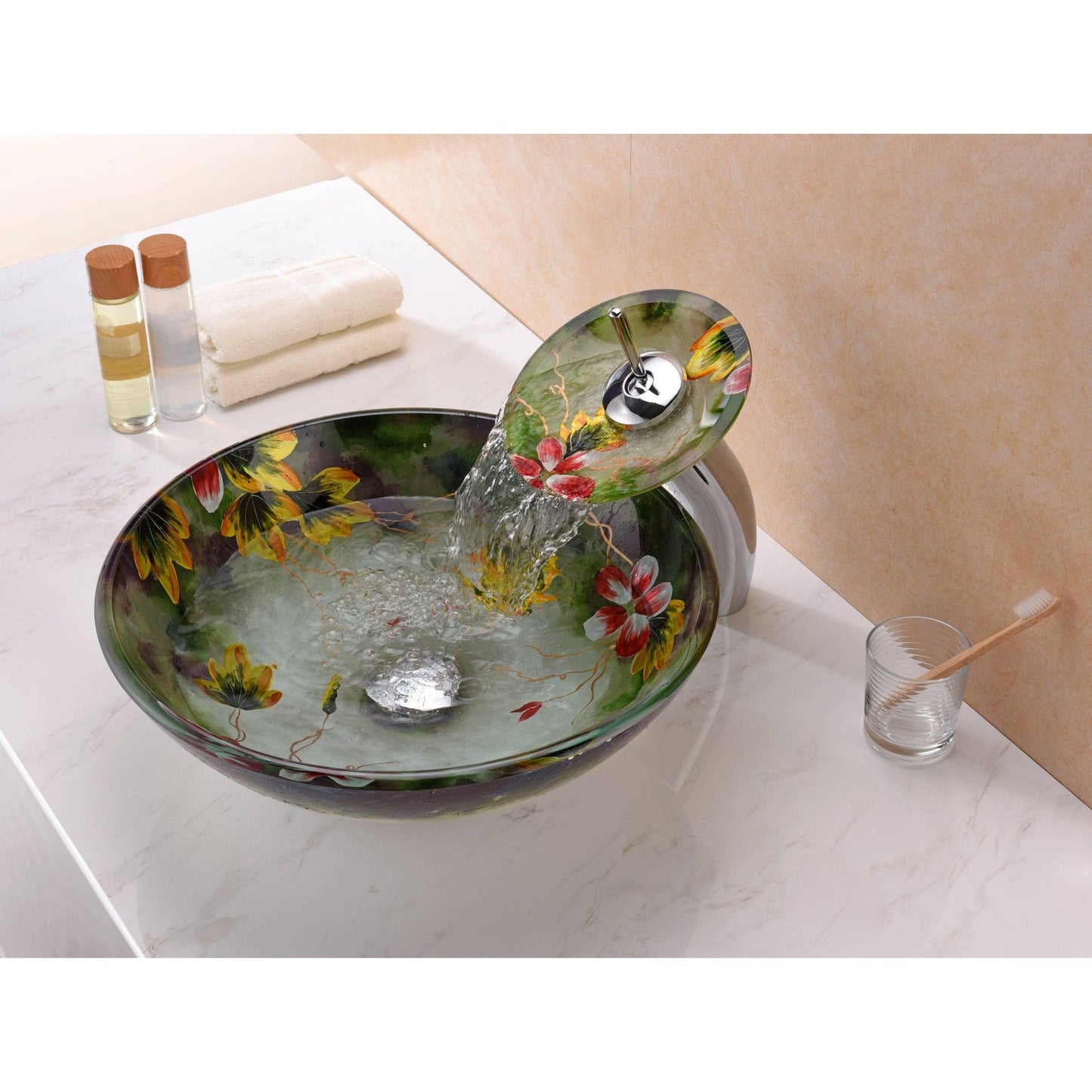 ANZZI Impasto Series 17" x 17" Round Green Painted Mural Vessel Sink With Polished Chrome Pop-Up Drain