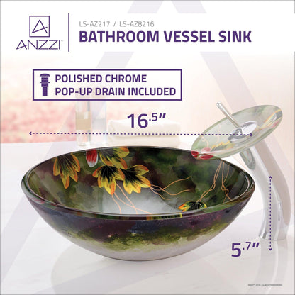 ANZZI Impasto Series 17" x 17" Round Green Painted Mural Vessel Sink With Polished Chrome Pop-Up Drain