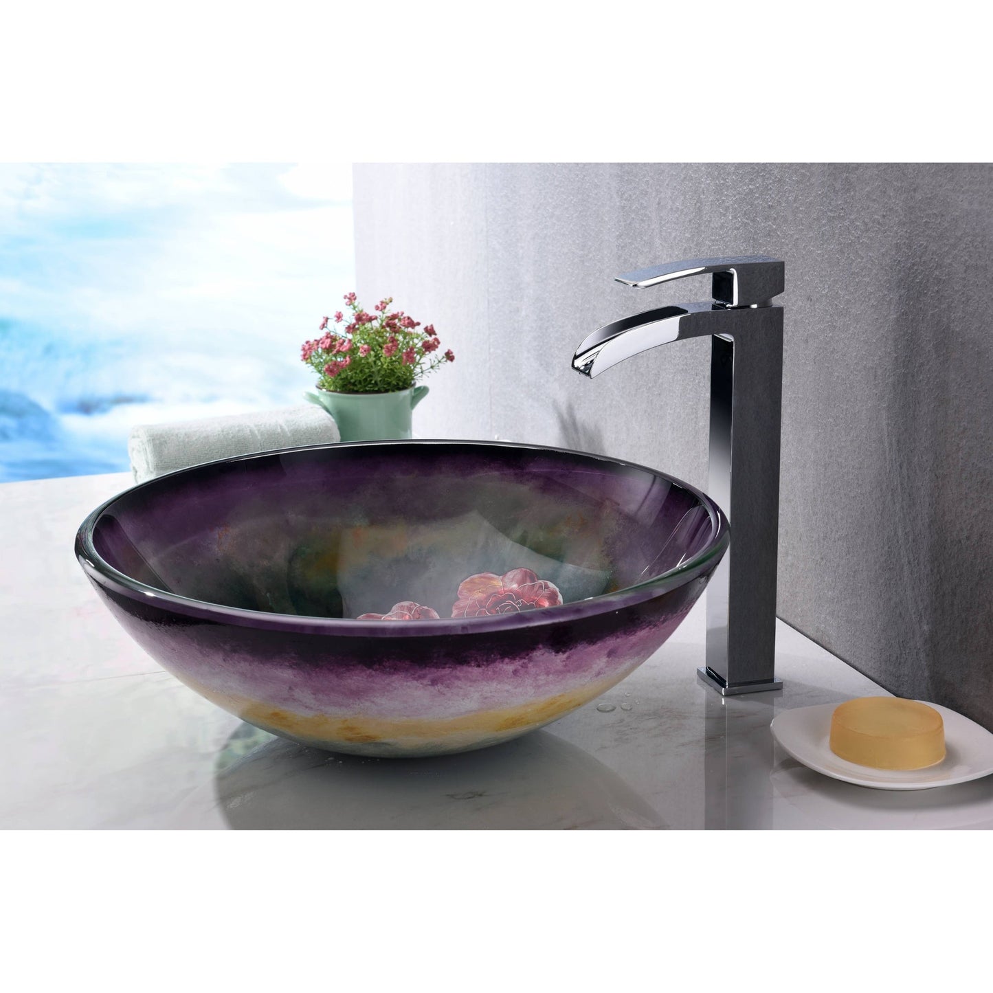 ANZZI Impasto Series 17" x 17" Round Purple Painted Mural Vessel Sink With Polished Chrome Pop-Up Drain